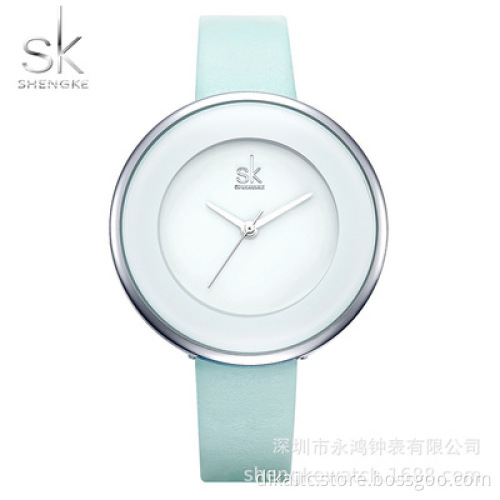 SHENGKE New Leather Strap Buckle Women Watches 38 MM Big Top Brand Simple Watch Reloj Mujer Dial Quartz Luxury Ladies Watches